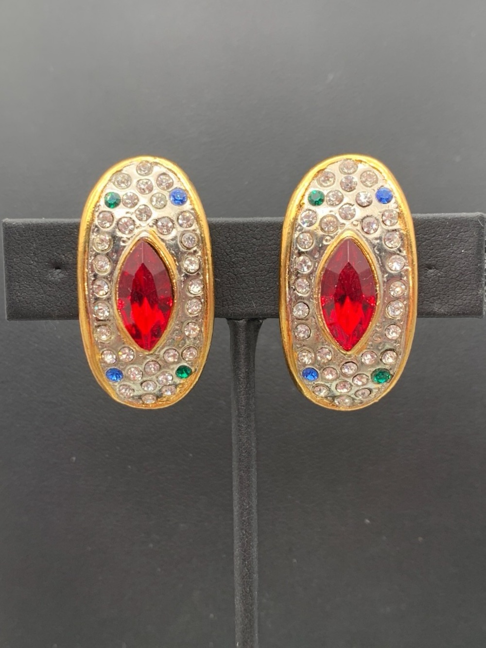 Vintage Gold-Tone multi colored curved Oval Clip-On Earrings